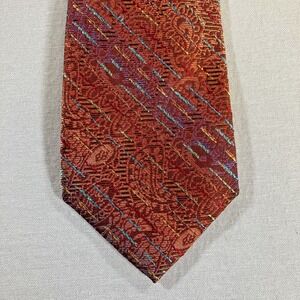 TALLIA Mens 100% Silk Neck Tie Orange Paisley Opalescent Stripes 57.25" x 3"